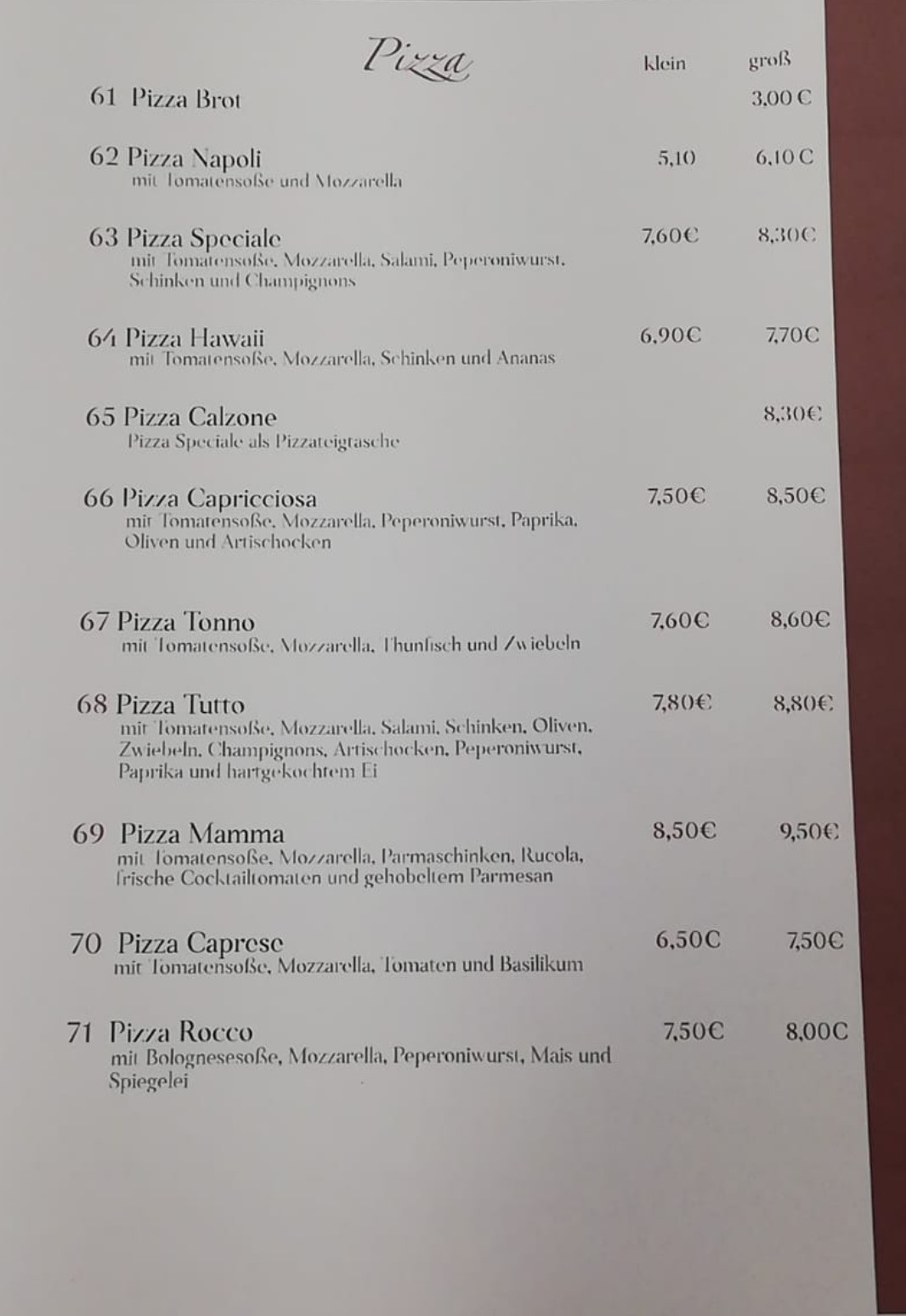 À LA CARTE – Pizzeria Darocco